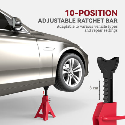 HOMCOM Axle Stands 2 Ton Car Jack Stands Pack of 2, 28-42.5 cm Height Adjustable Support Jack Stand, Heavy Duty Car Lift Tool for Vehicles, Caravans, Workshops, Garages, Red