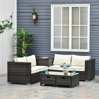 Outsunny 4 Pcs Rattan Wicker Garden Furniture Patio Sofa Storage & Table Set w/ 2 Drawers Coffee Table,Great Cushioned 4 Seats Corner Sofa - Brown