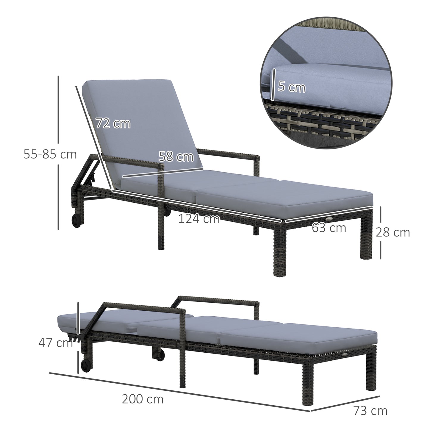 Outsunny Outdoor PE Rattan Sun Lounger Wicker Chaise Recliner Garden Chair z 5-poziomowym regulowanym oparciem i 2 kółkami, mieszany szary