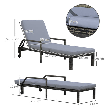 Outsunny Outdoor PE Rattan Sun Lounger Wicker Chaise Recliner Garden Chair z 5-poziomowym regulowanym oparciem i 2 kółkami, mieszany szary