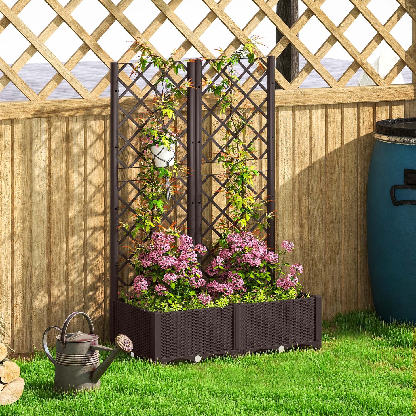 Outsunny Raised Garden Bed with Trellis, Plastic Planter Box with Drainage Holes and Drain Plugs for Climbing Plants, Vegetables, Flowers, Brown