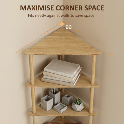 HOMCOM Bamboo Storage Shelf, 5-tier Corner Shelf, Freestanding Shelving Unit for Living Room, Home Office, Natural Wood Finish