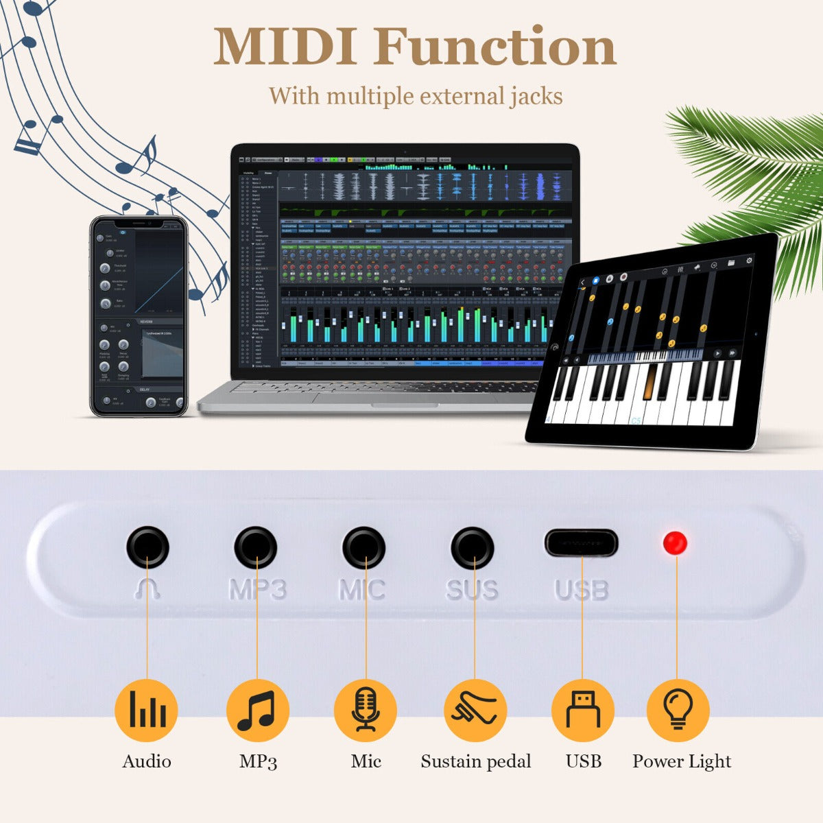 88-Key Foldable Full-Size Semi-Weighted Digital Piano Keyboard with MIDI-White