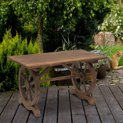 Outsunny Wooden Garden Dining Table, Wagon Wheel Outdoor Coffee Table with 3 cm Wood Top for Patio, Balcony, Terrace, 110 x 60 x 65 cm, Carbonised Finish