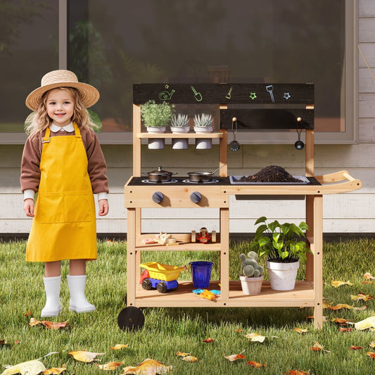 Mud Fir Wood Play Kitchen Kitchen with Wheels and Blackboard-Natural
