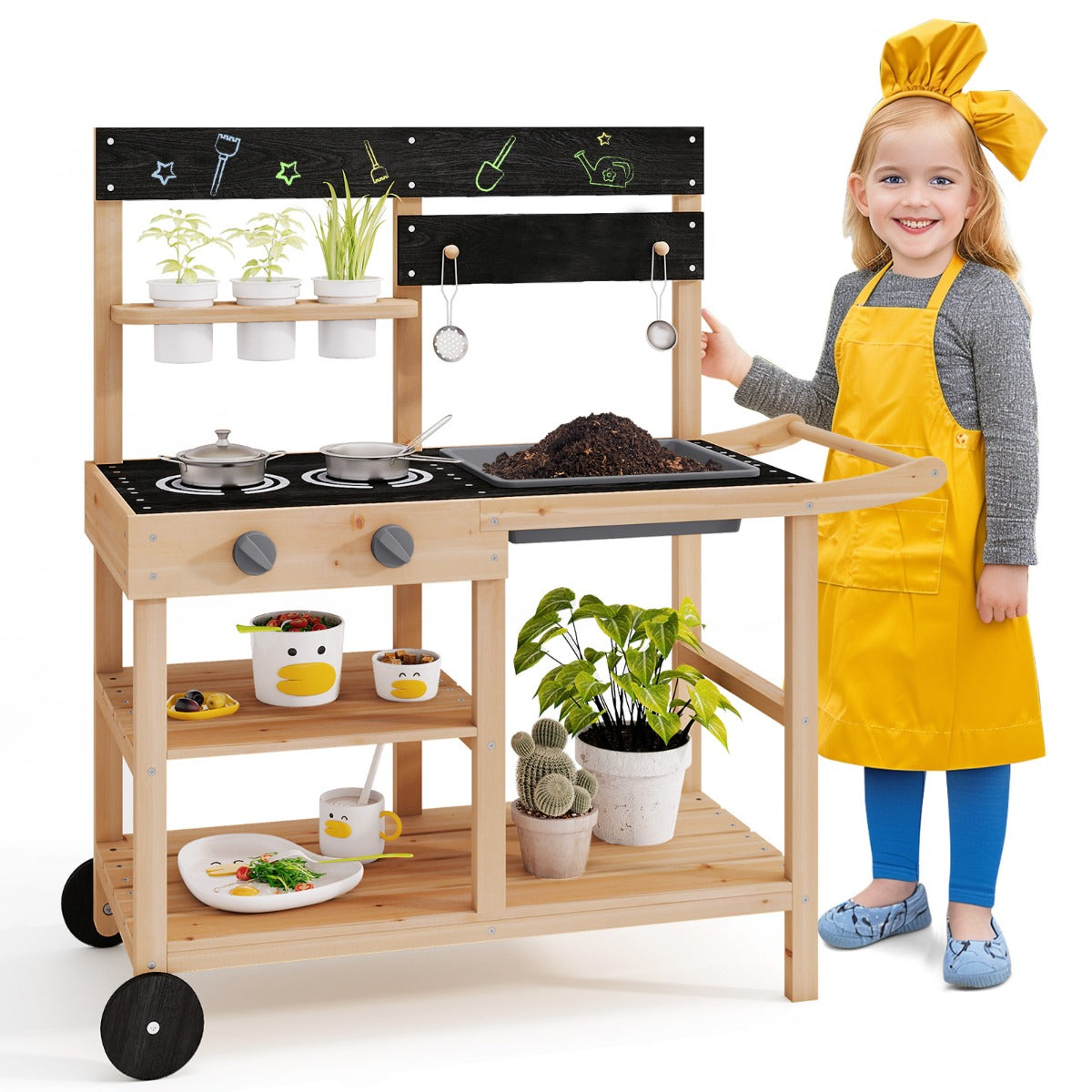 Mud Fir Wood Play Kitchen Kitchen with Wheels and Blackboard-Natural