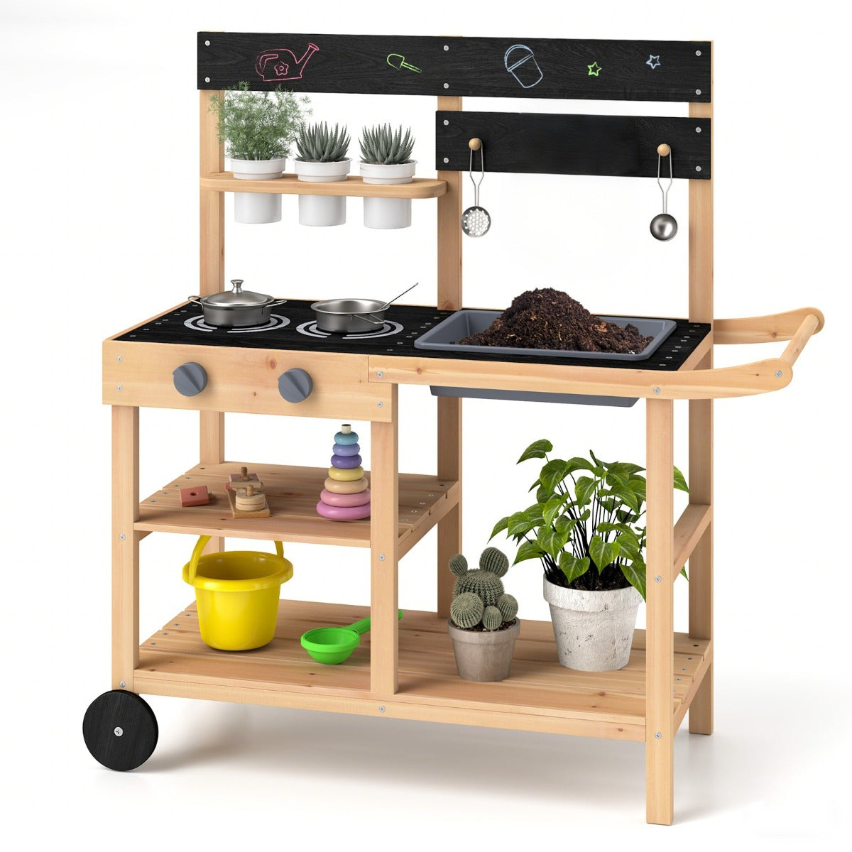 Mud Fir Wood Play Kitchen Kitchen with Wheels and Blackboard-Natural