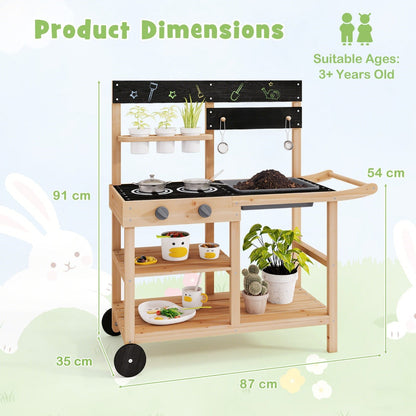 Mud Fir Wood Play Kitchen Kitchen with Wheels and Blackboard-Natural