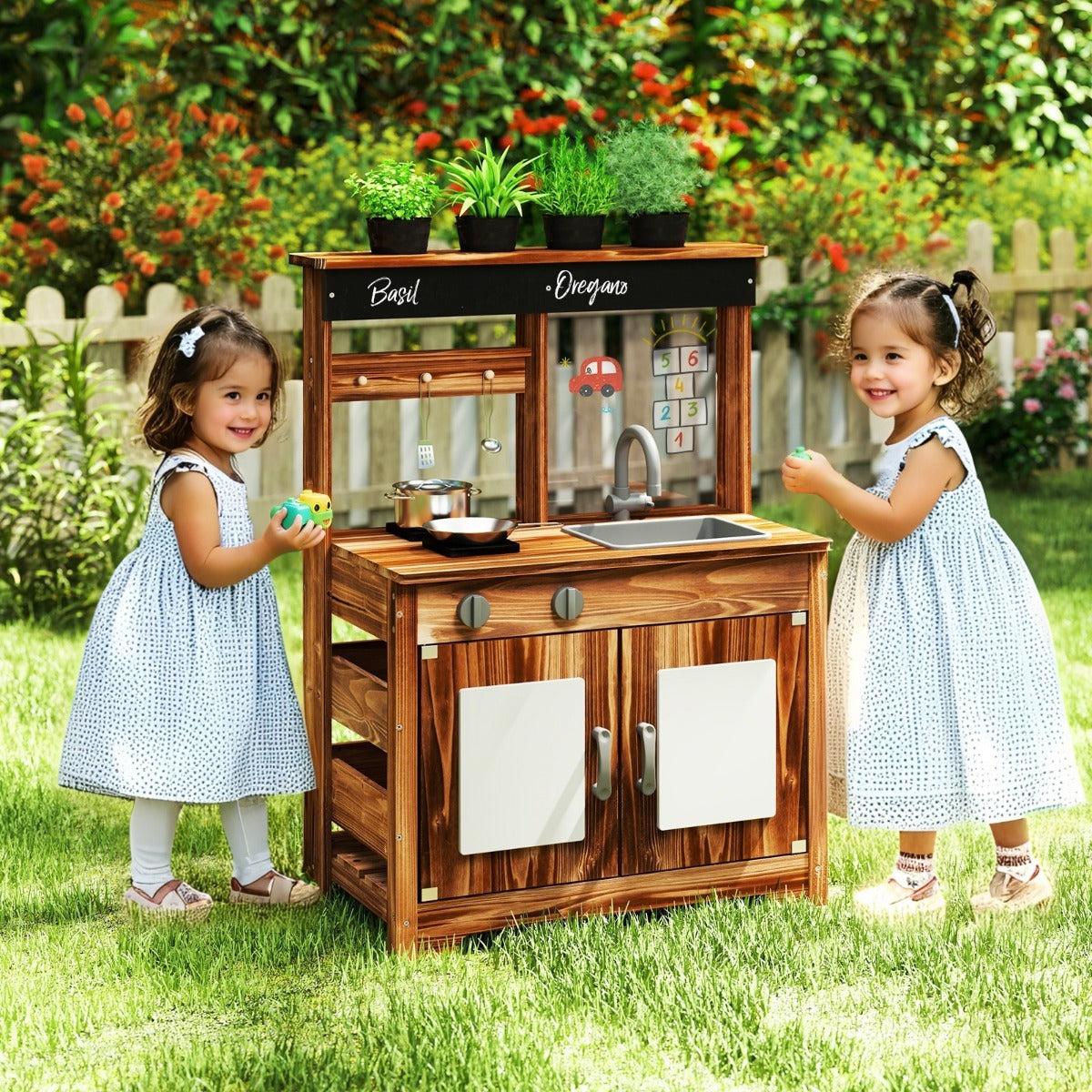 Mud Kitchen Fir Wood Play Kitchen with Planting Pots and Removable Sink-Brown