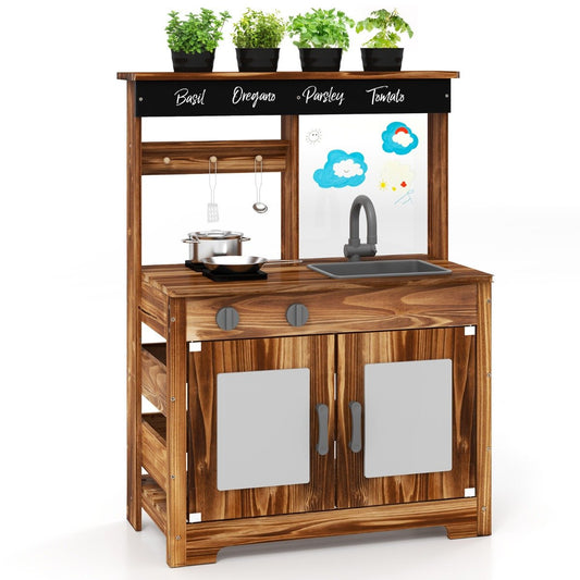 Mud Kitchen Fir Wood Play Kitchen with Planting Pots and Removable Sink-Brown
