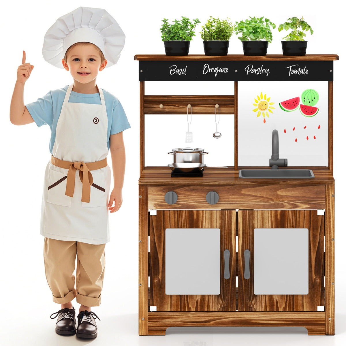 Mud Kitchen Fir Wood Play Kitchen with Planting Pots and Removable Sink-Brown