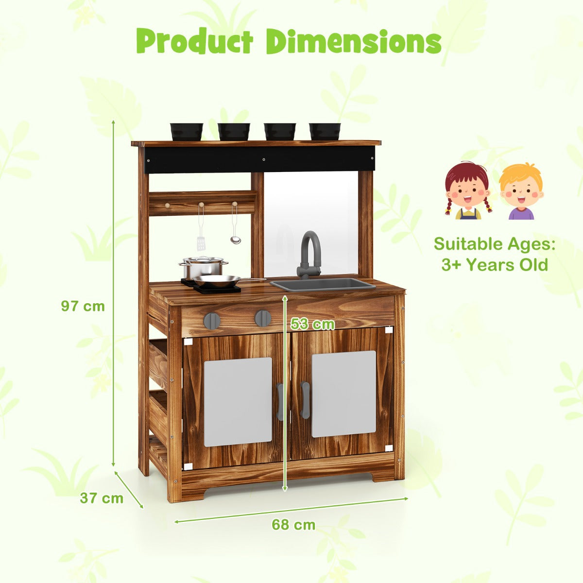 Mud Kitchen Fir Wood Play Kitchen with Planting Pots and Removable Sink-Brown