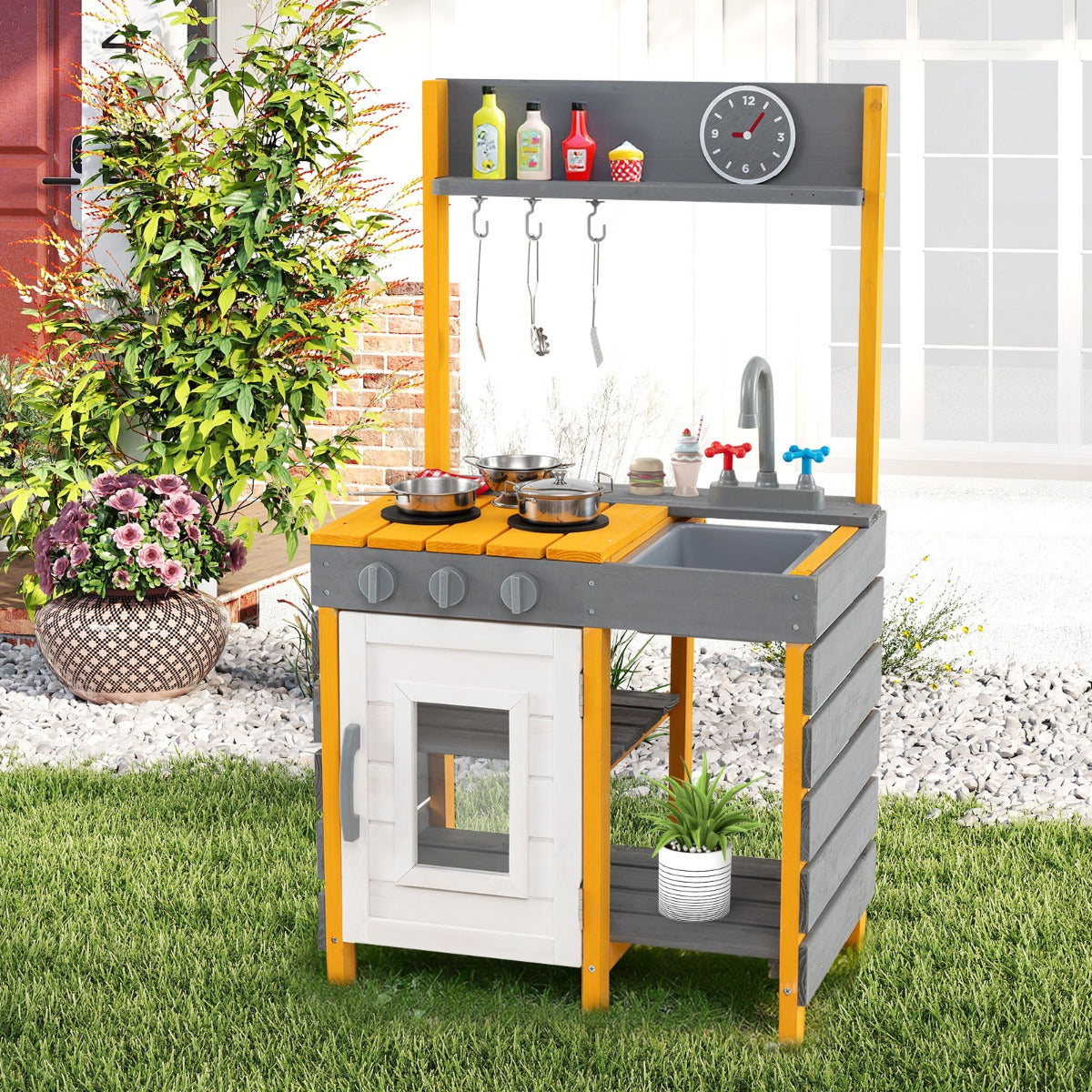 Mud Kitchen for Kids with Stoves Removable Sink and Faucet-Grey