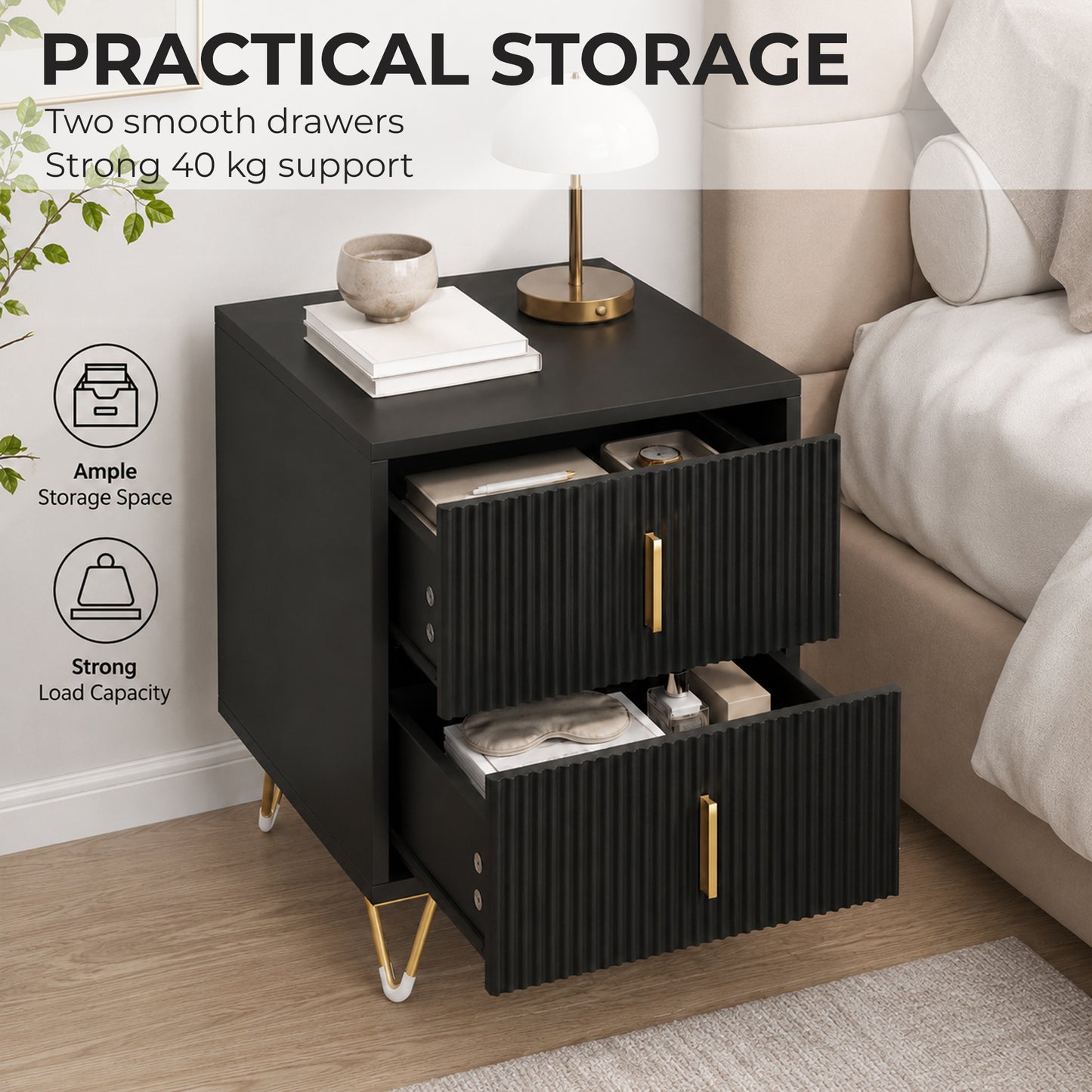 HOMCOM Elegant Fluted Bedside Table - Black/Gold-Tone