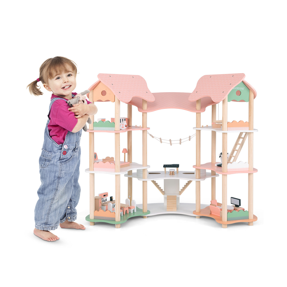 Multi-Layer Wooden Dollhouse Versatile Kids Playhouse Toy with 7-Room-Pink