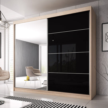 Mable-XI 2 Door Mirrored Sliding Wardrobe - Sonoma Oak & Black Gloss