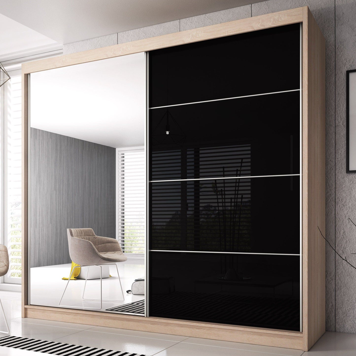 Mable-XI 2 Door Mirrored Sliding Wardrobe - Sonoma Oak & Black Gloss