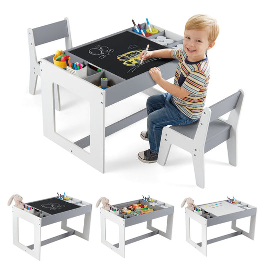 Multifunctional Kids Table and 2 Chairs Set with Whiteboard-Gray & White