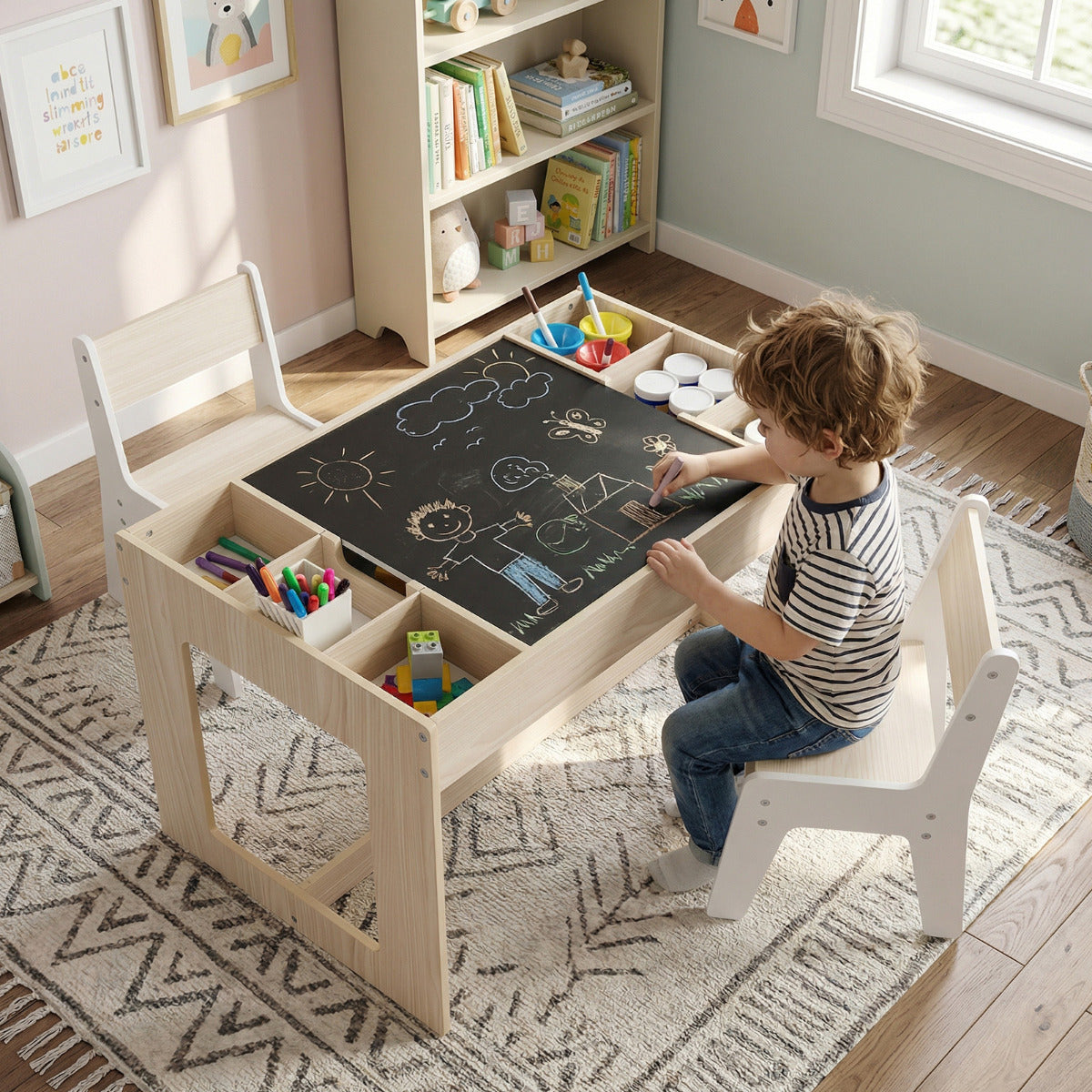 Multifunctional Kids Table and 2 Chairs Set with Whiteboard-Natural & White