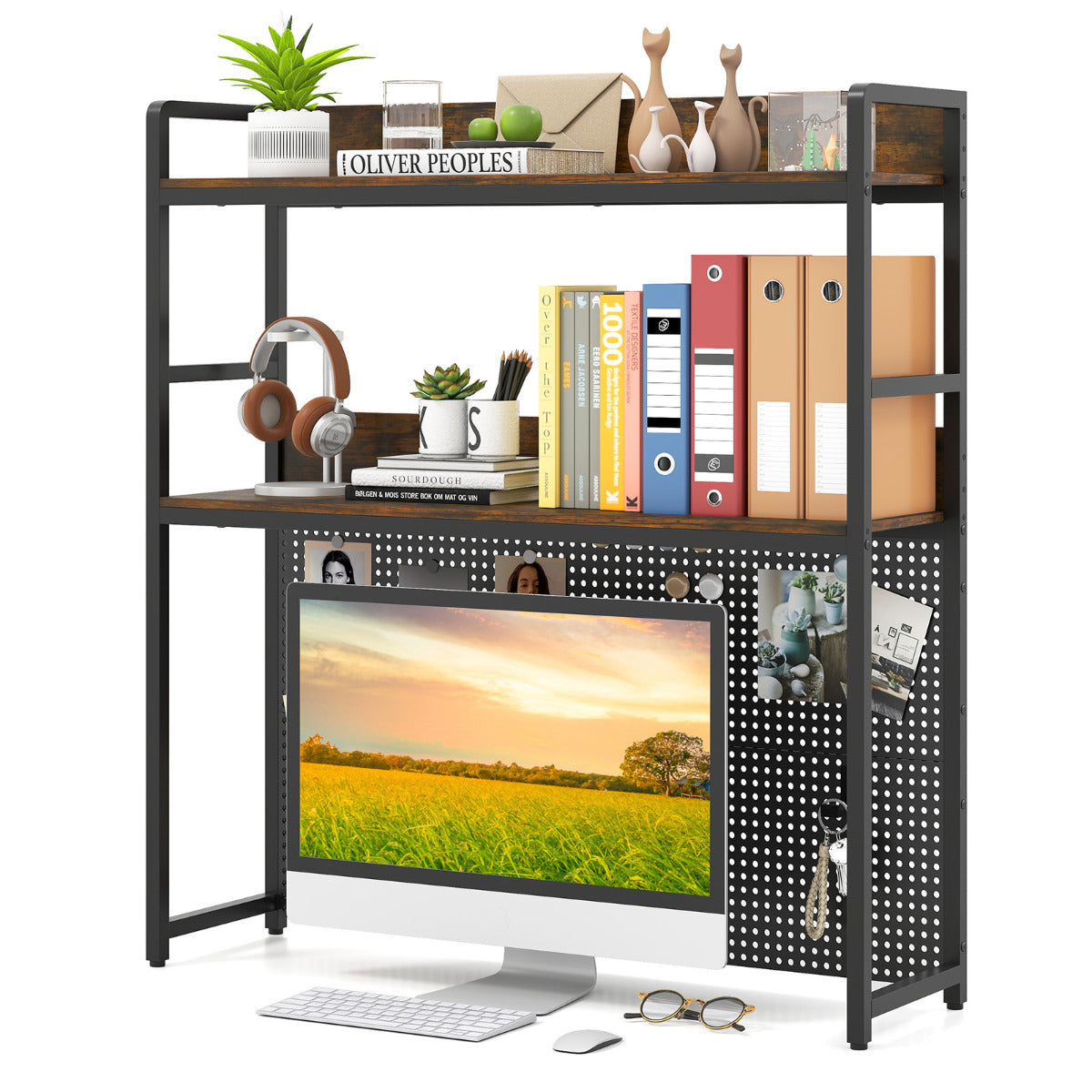 Multipurpose 2-Tier Desk Hutch with Pegboard for Home Office-Rustic Brown