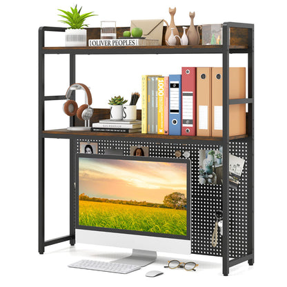 Multipurpose 2-Tier Desk Hutch with Pegboard for Home Office-Rustic Brown