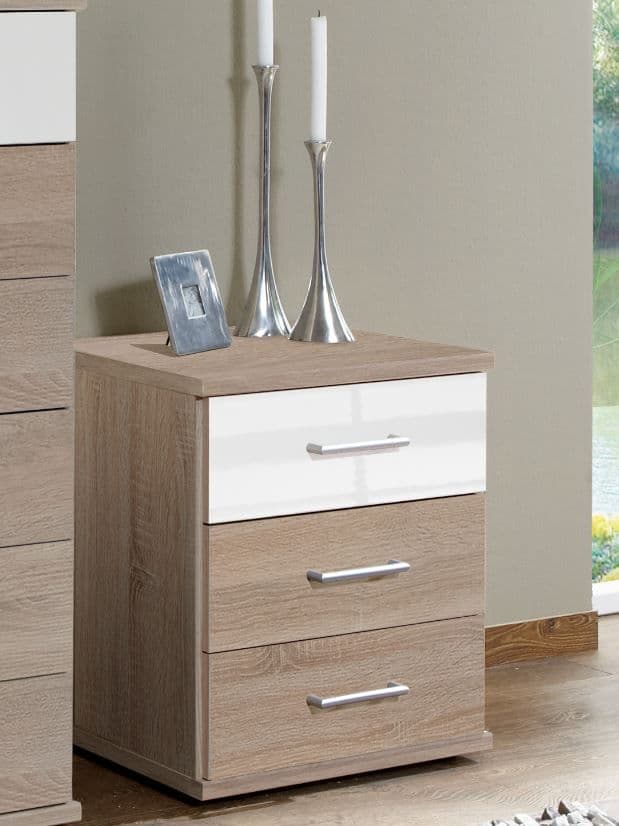 Bedside Table GEMA 3 Drawer Nightstand Oak and White Gloss 46cm
