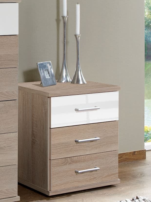 Gema 3 Drawer Bedside Chest - Oak and White Gloss