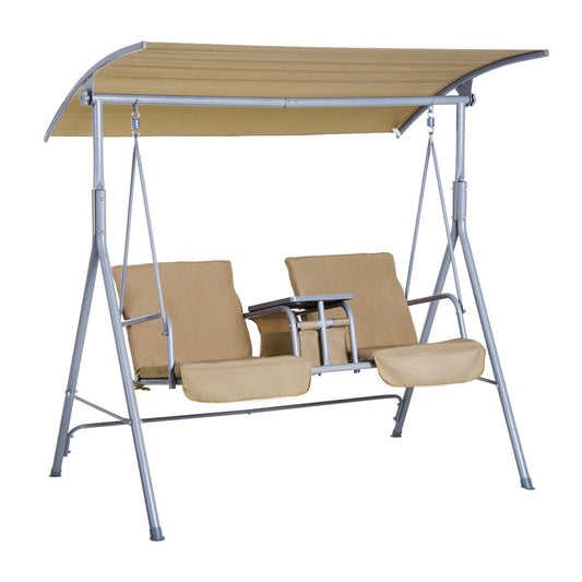 2 Seater Garden Swing Chair Patio Rocking Bench w/ Tilting Canopy, Double Padded Seats, Storage Bag and Tray, Beige