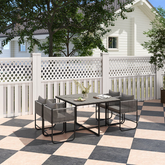 Zestaw mebli ogrodowych Outsunny 4 Seater Rattan Cube, zestaw jadalny z rattanu z poduszkami, stół jadalny i krzesła zewnętrzne z prostokątnym blatem z tworzywa sztucznego o strukturze drewna na patio, balkon, szary