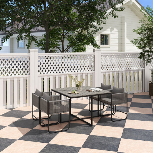 Zestaw mebli ogrodowych Outsunny 4 Seater Rattan Cube, zestaw jadalny z rattanu z poduszkami, stół jadalny i krzesła zewnętrzne z prostokątnym blatem z tworzywa sztucznego o strukturze drewna na patio, balkon, szary