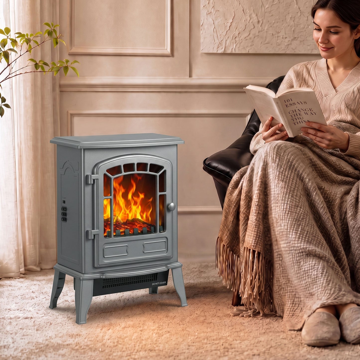 HOMCOM Electric Fireplace Stove, 1000W/2000W, Freestanding Electric Fire with LED Flame Effect, Adjustable Thermostat, Grey