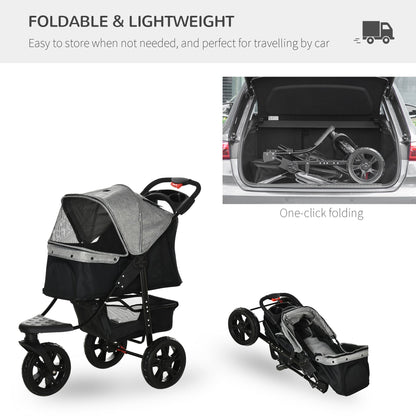 PawHut Dog Pushchair Folding Pet Stroller 3 Wheel Dog Jogger Travel Carrier Adjustable Canopy Storage Brake Mesh Window Grey