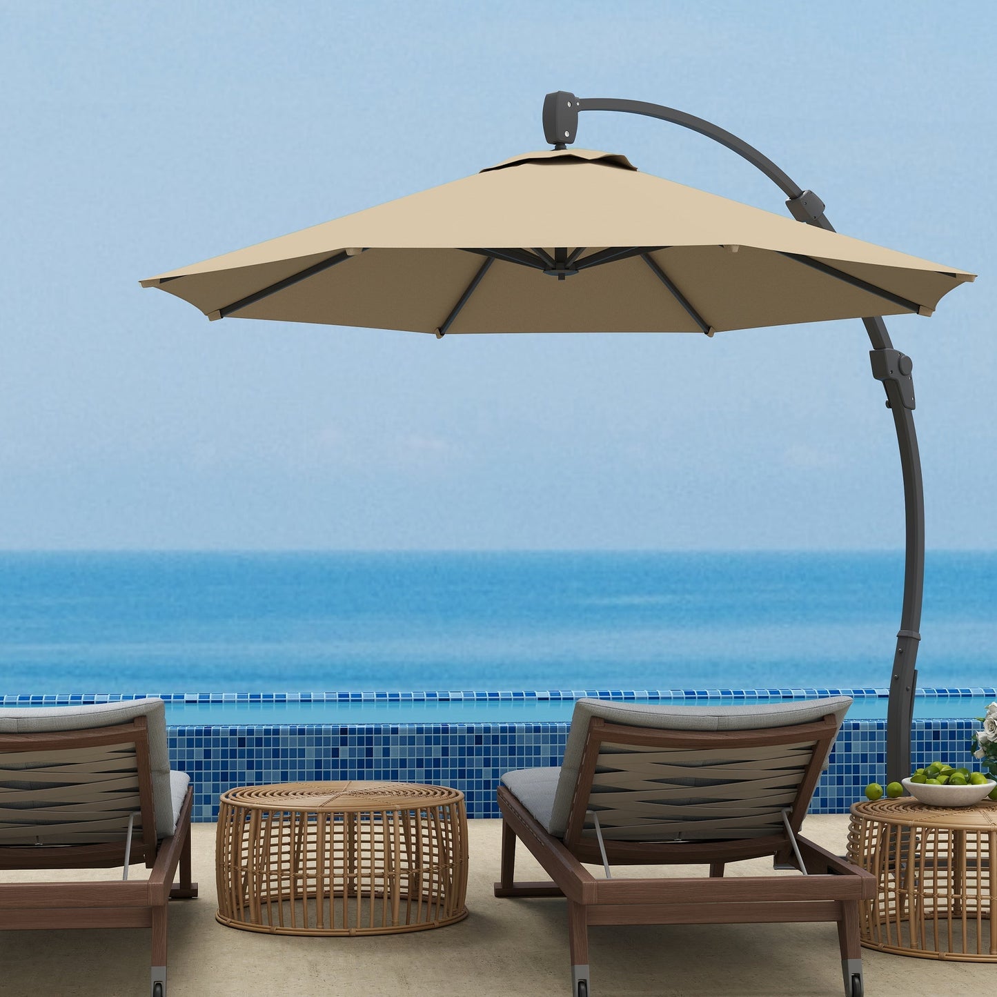 Outsunny 3(m) Garden Cantilever Parasol, Round Overhanging Umbrella with Crank Handle, Cross Base, Aluminium Frame and 360 Rotation, Banana Patio Umbrella for Outdoor Sun Shade, Khaki