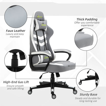 Vinsetto Gaming Chair, Computer Desk Chair with Lumbar Support, Faux Leather Racing Chair with Headrest and Swivel Wheels for Home Office, Grey White