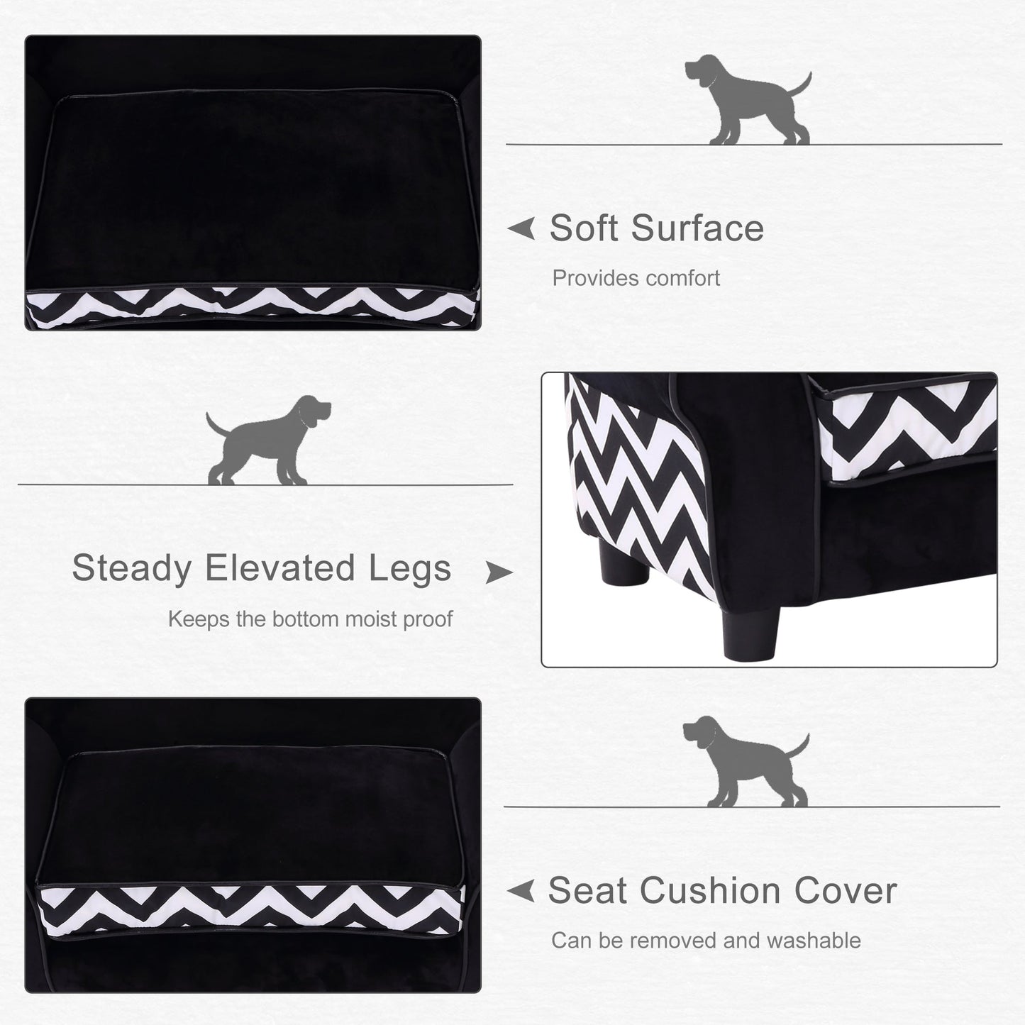 PawHut Dog Sofa Chair with Legs, Pet Couch with Soft Cushion Removable Cover for Small Dogs Cats, Black, 73.5 x 41 x 33 cm