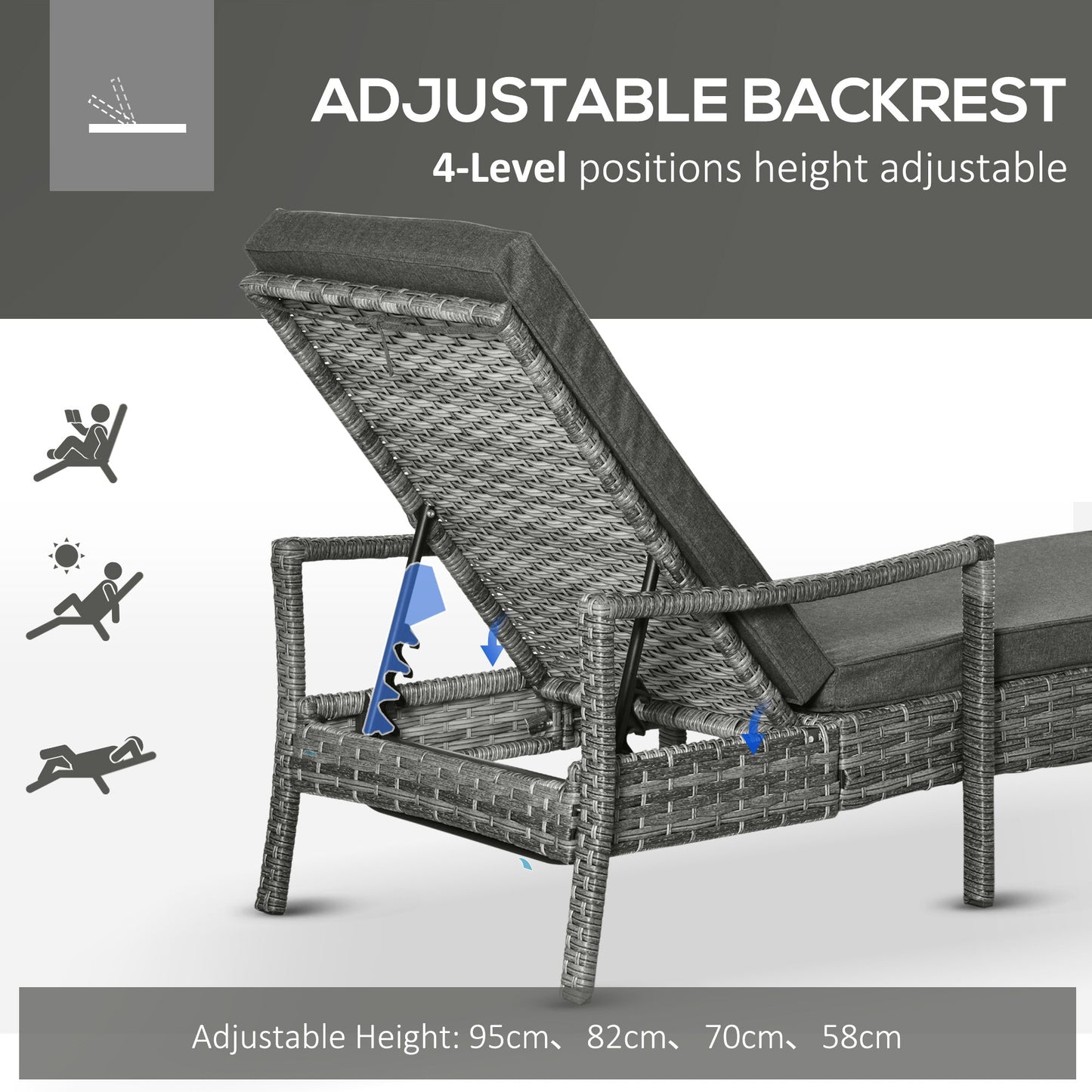 Outsunny Patio Rattan Sun Lounger, Dual Wicker Weave Outdoor Single Reclining Chair Furniture, 5-Level Adjustable Backrest w/ Removeable & Washable Cushion, Mixed Grey
