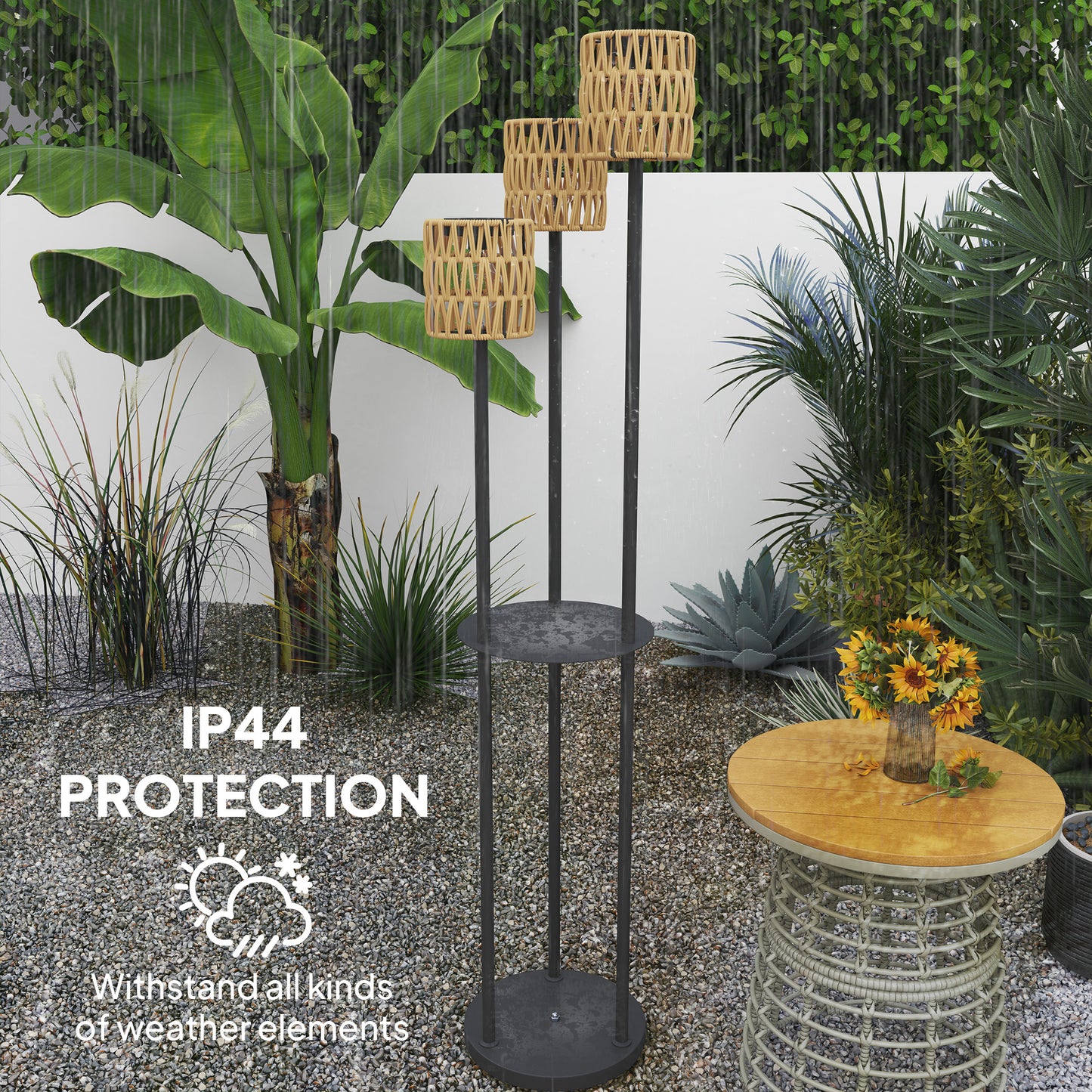 Lampa podłogowa Outsunny Boho Rattan, 3-lampowa lampa rattanowa z półką, wolnostojąca lampa ogrodowa solarna z automatycznym włączaniem/wyłączaniem, IP44 wodoodporna, na werandę, ścieżkę, taras, żółta