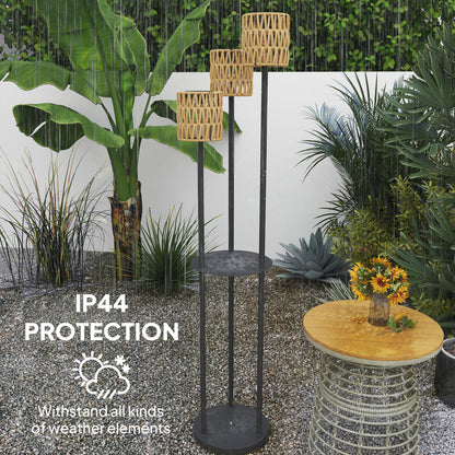 Lampa podłogowa Outsunny Boho Rattan, 3-lampowa lampa rattanowa z półką, wolnostojąca lampa ogrodowa solarna z automatycznym włączaniem/wyłączaniem, IP44 wodoodporna, na werandę, ścieżkę, taras, żółta