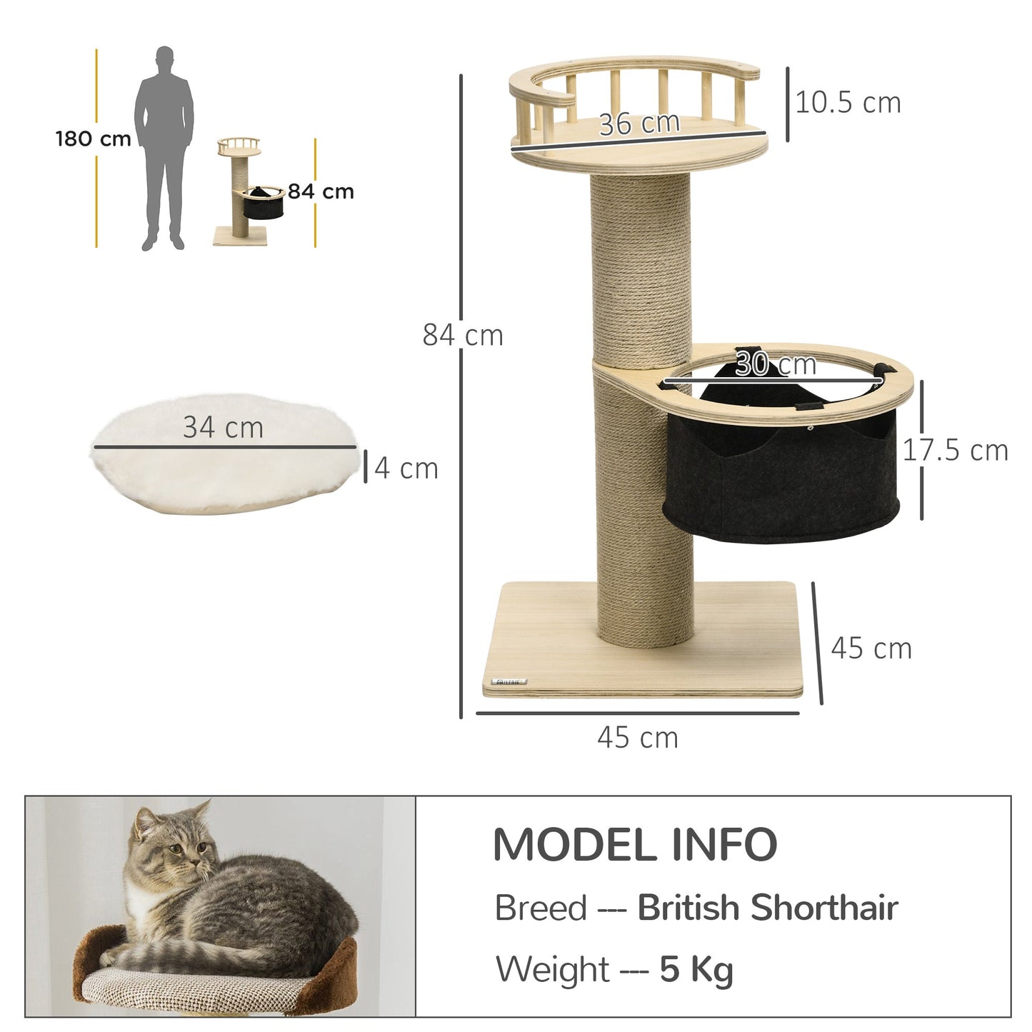 PawHut Cat Tree, with Hammock, Bed, Jute Scratching Post - Natural Finish