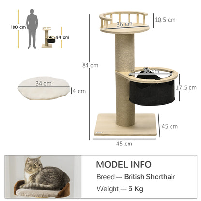 PawHut Cat Tree, with Hammock, Bed, Jute Scratching Post - Natural Finish