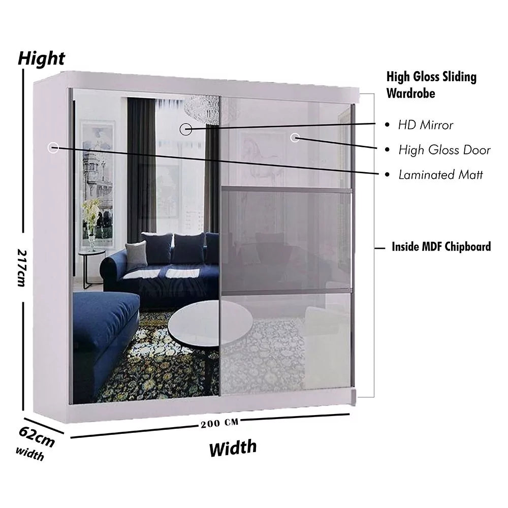 Manhattan White High Gloss Sliding Door Wardrobe - 120cm,150cm and 200cm