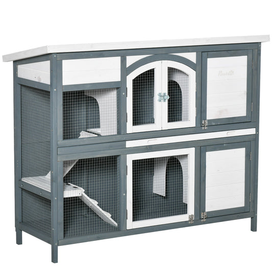 PawHut Two-Tier Wooden Rabbit Hutch Guinea Pig Cage w/ Openable Roof, Slide-Out Tray, Ramp - Grey