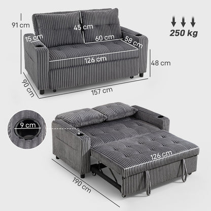 HOMCOM 2 Seater Click Clack Sofa Bed with Pull Out Design, Corduroy Upholstery - Charcoal Grey