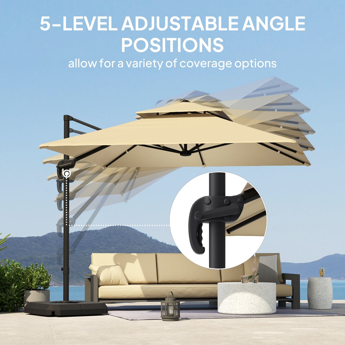 Outsunny 2.7 x 2.7 m Cantilever Parasol with Aluminium Frame, Crank and Tilt, 360-Degree Rotation, Double Top Garden Umbrella with Base and Cover, Khaki