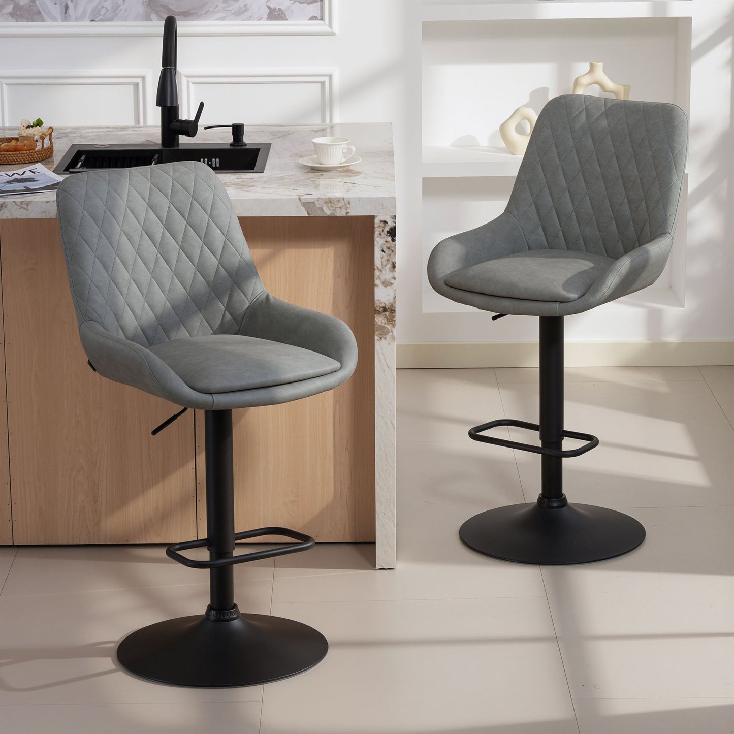 HOMCOM Set of Two Faux Leather Retro Bar Stools - Light Grey
