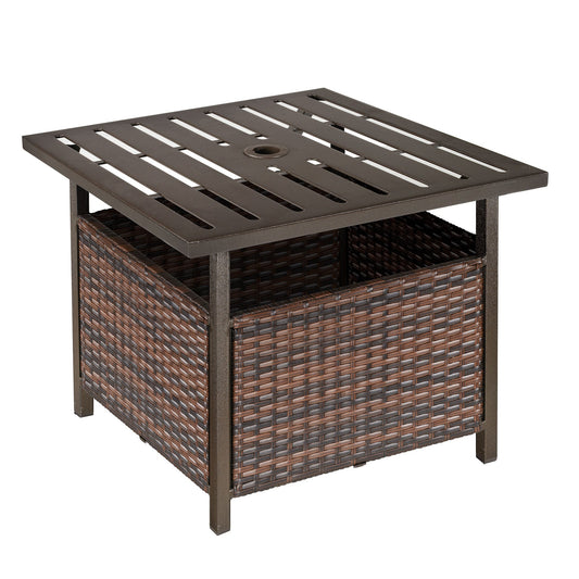 Outsunny Outdoor Rattan Wicker Patio Coffee Table w/ Umbrella Hole Suitable for Garden Backyard Brown