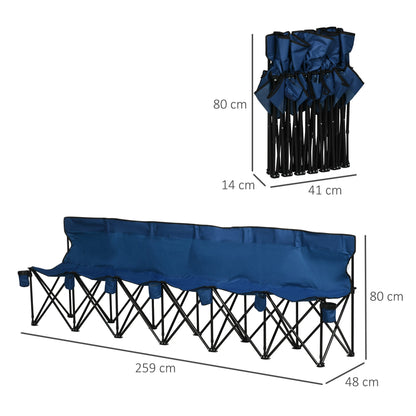 Outsunny 6 Seater Folding Bench, Outdoor Camping Chair Portable Sports Spectator Chair with Steel Frame, Cup Holder & Carry Bag, Blue