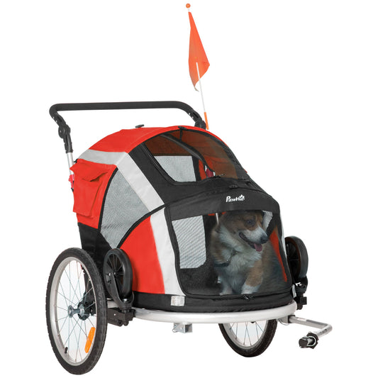 PawHut Dog Bike Trailer 2-in-1 Pet Stroller for Large Dogs Cart Foldable Bicycle Carrier Aluminium Frame with Safety Leash Hitch Coupler Reflector Flag Red