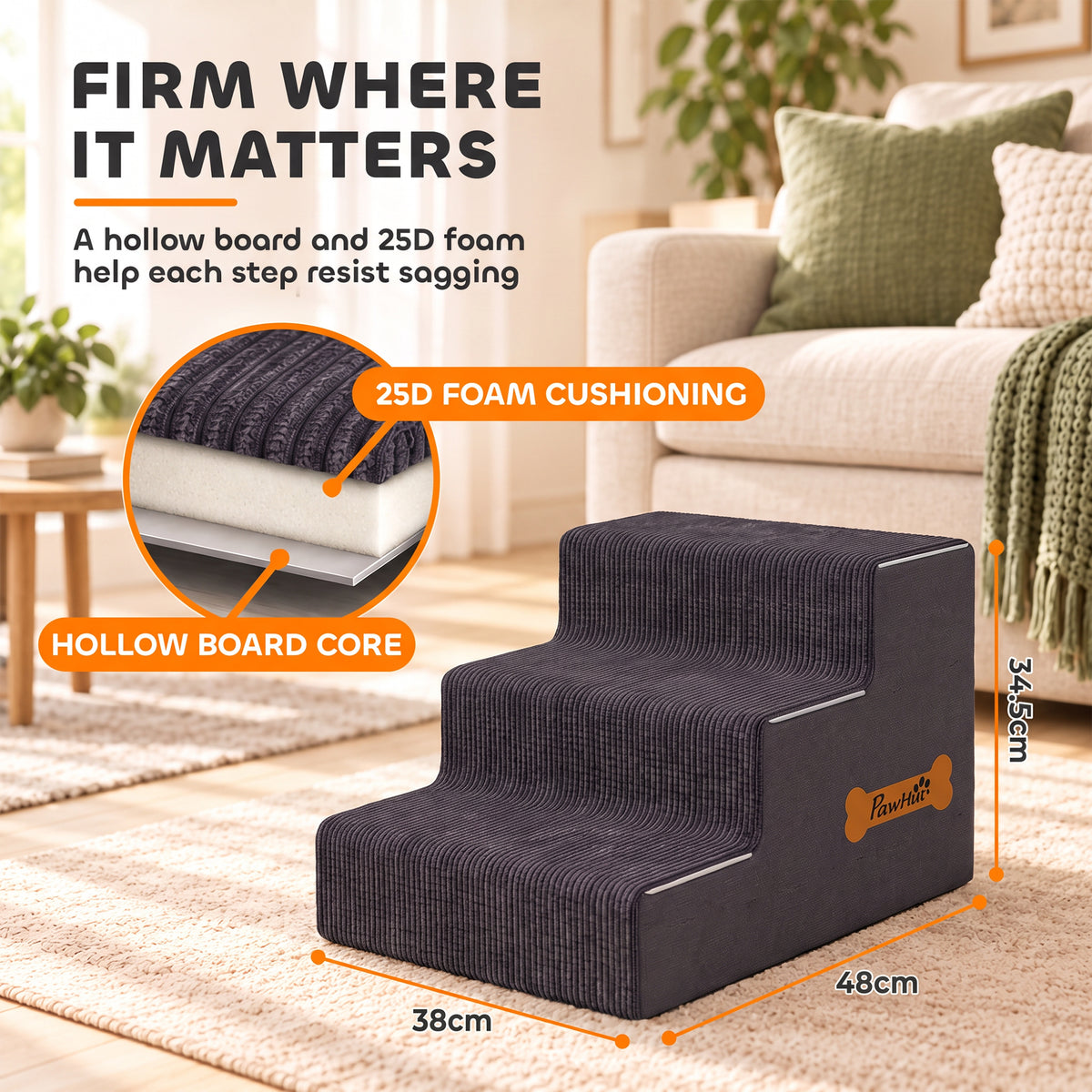 PawHut Dog Steps, 3-Step Dog Stairs for Bed and Sofa, Pet Stairs with Carry Handle, Washable Cover