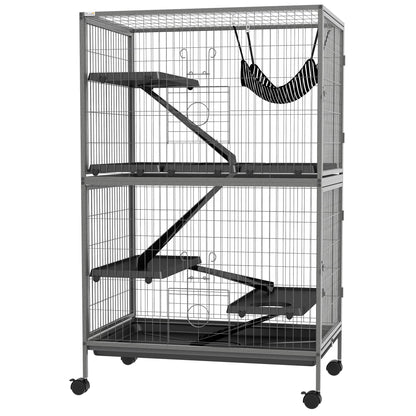 PawHut Small Animal Cage for Chinchilla Ferret Kitten on Wheels with Hammock Removable Tray, Grey